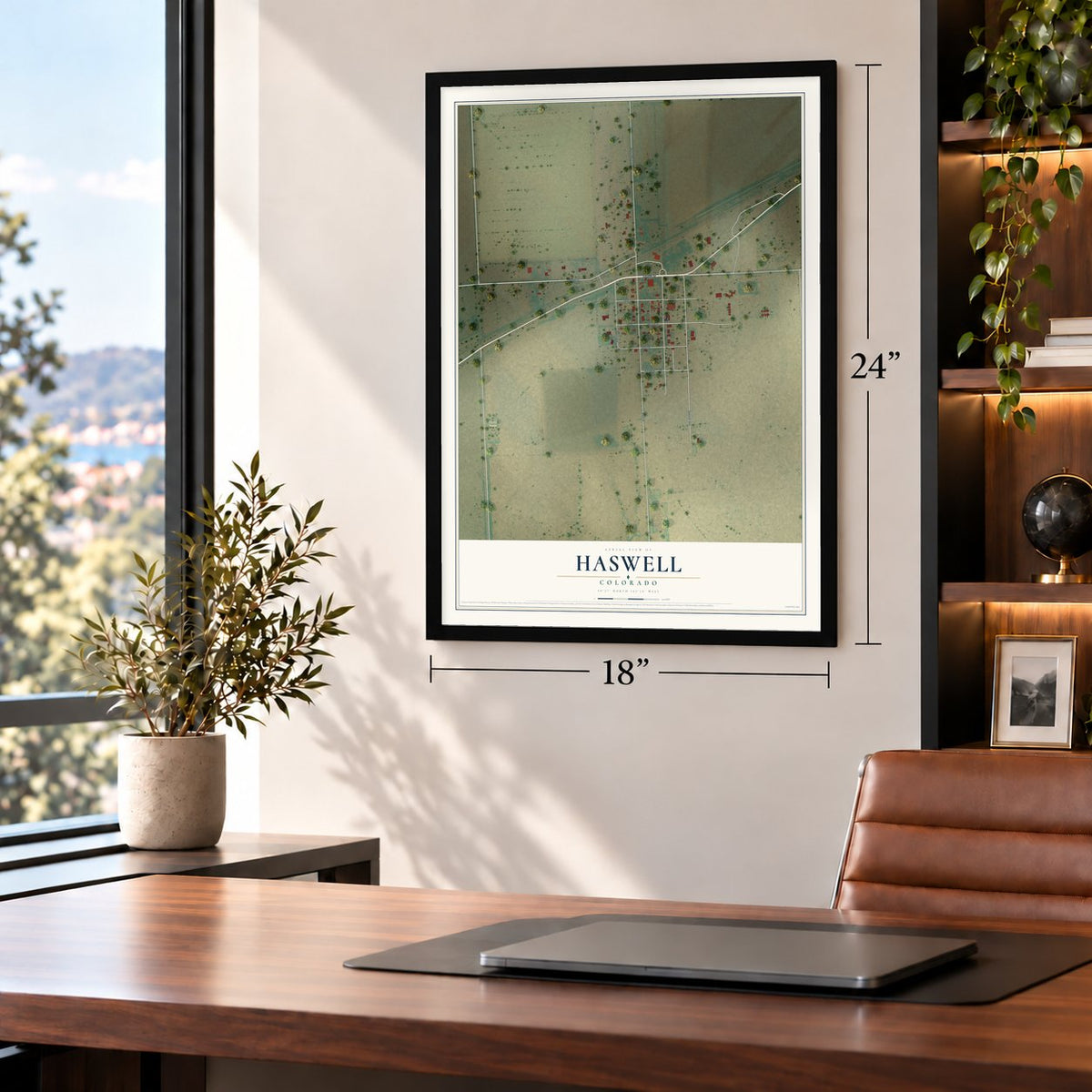 Haswell, Colorado map, 18 x 24 inch print in a black frame in a home office