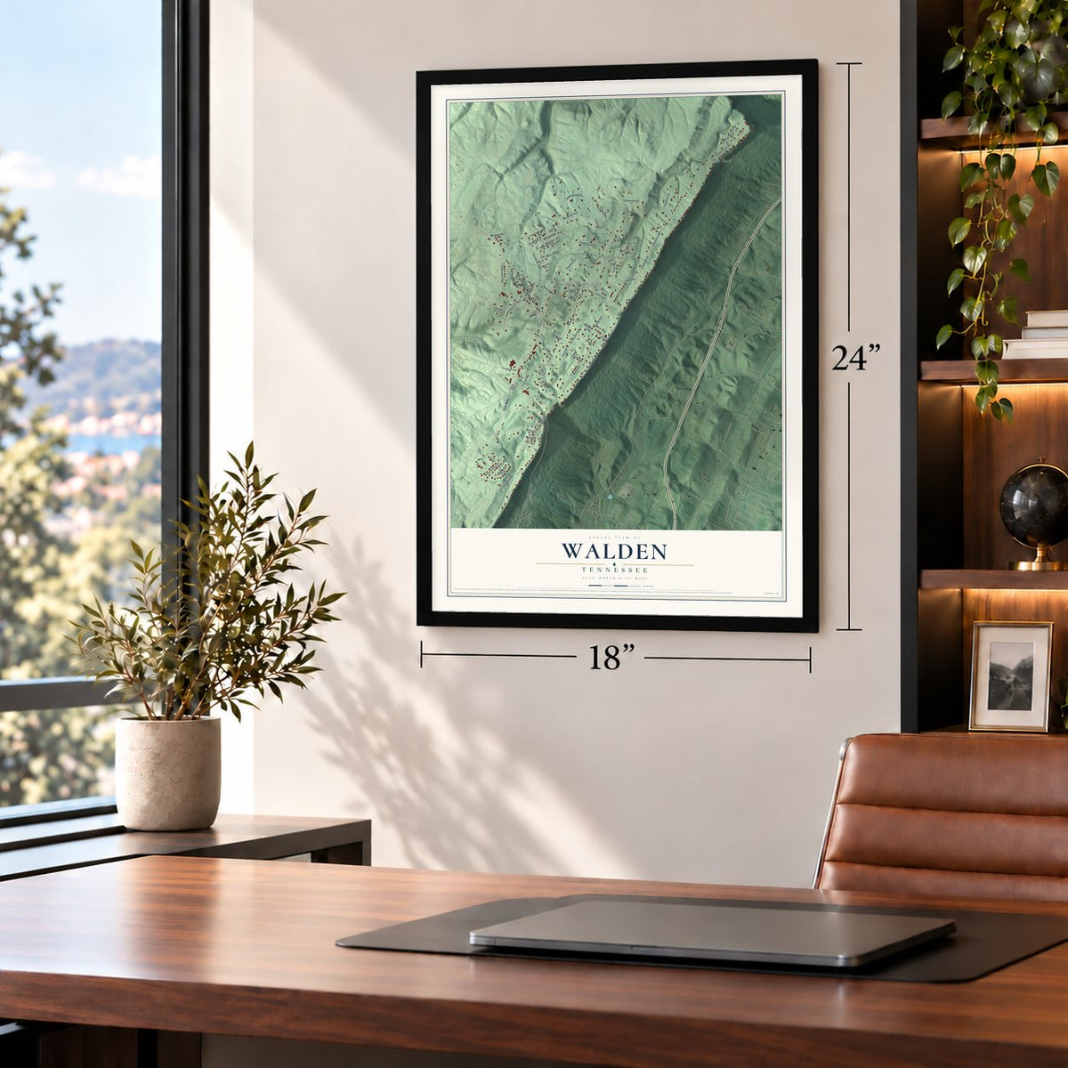 Walden, Tennessee map, 18 x 24 inch print in a black frame in a home office