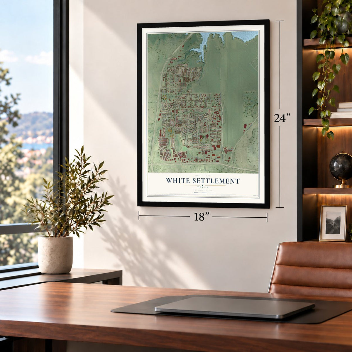 White Settlement, Texas map, 18 x 24 inch print in a black frame in a home office