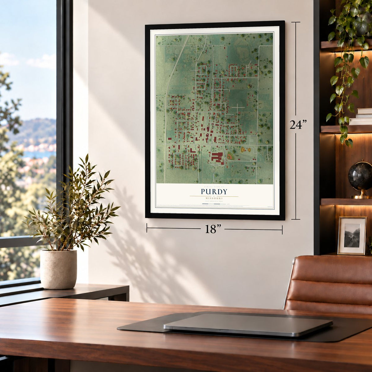 Purdy, Missouri map, 18 x 24 inch print in a black frame in a home office