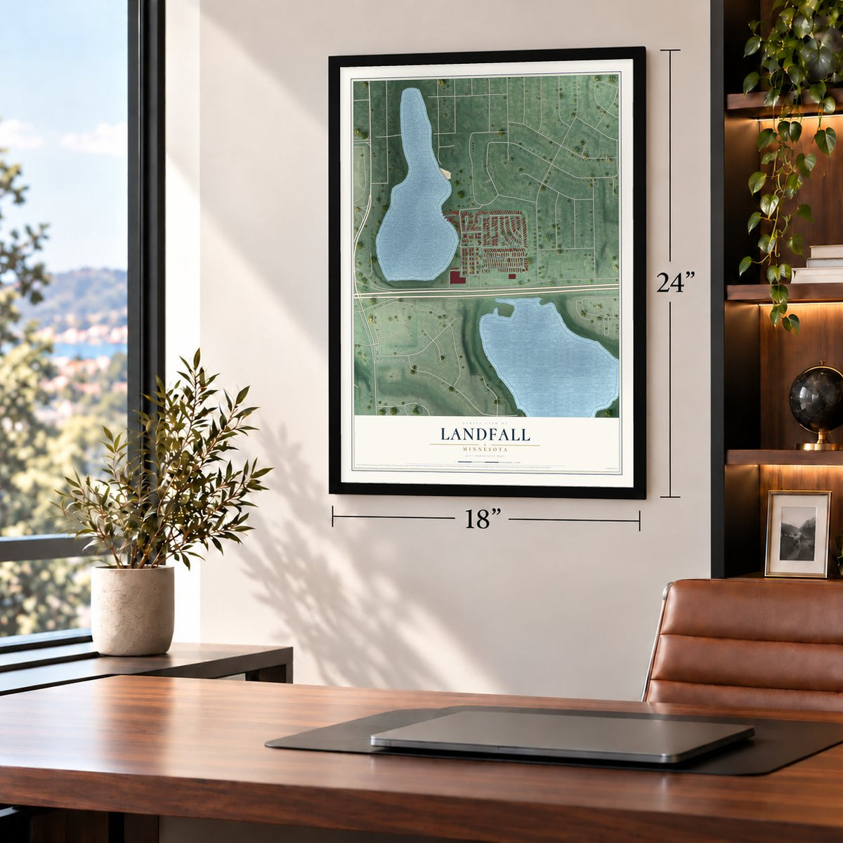 Landfall, Minnesota map, 18 x 24 inch print in a black frame in a home office
