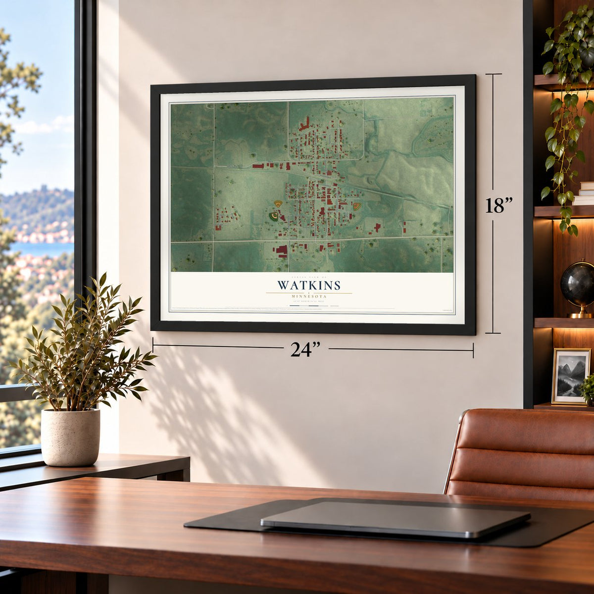 Watkins, Minnesota map, 18 x 24 inch print in a black frame in a home office