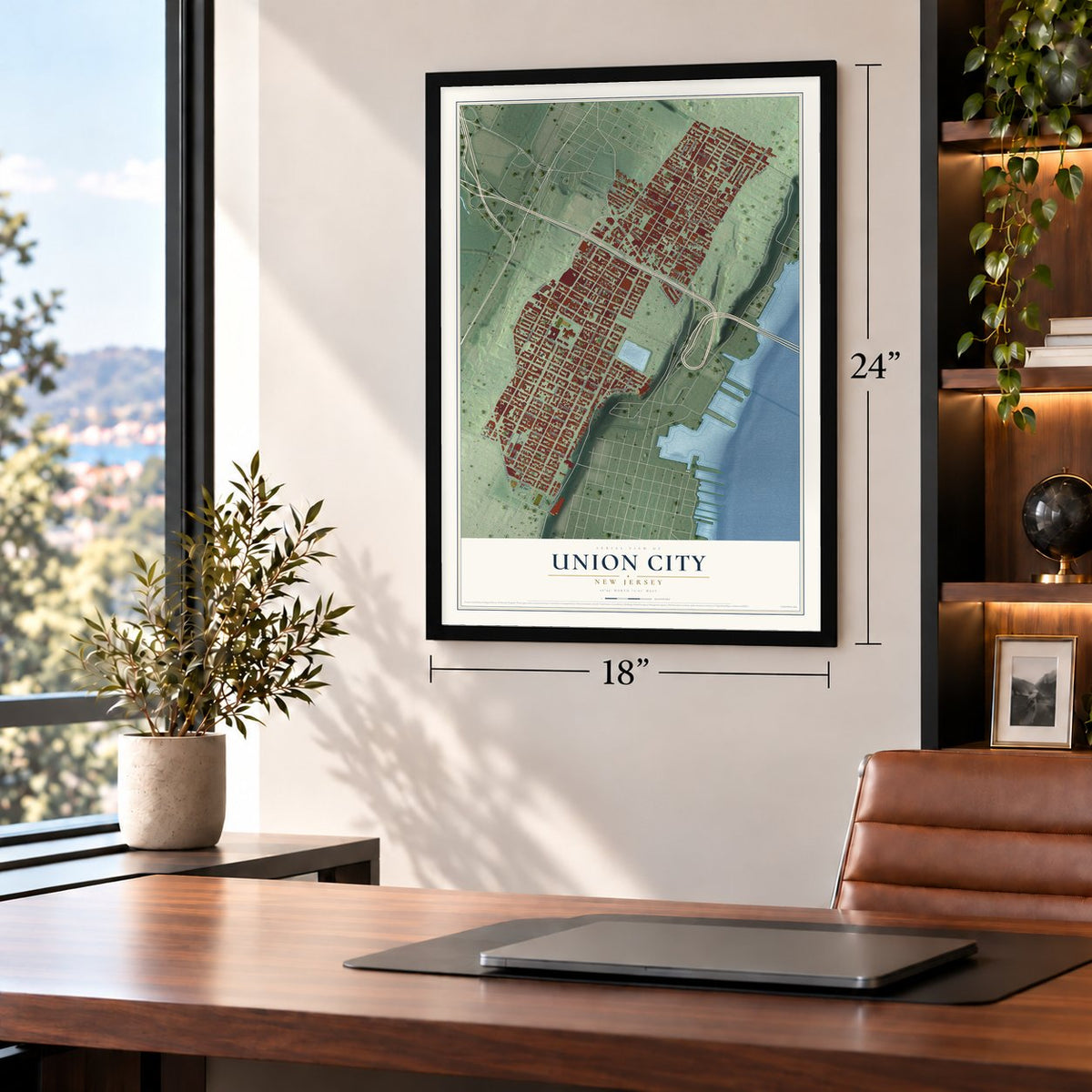 Union City, New Jersey map, 18 x 24 inch print in a black frame in a home office