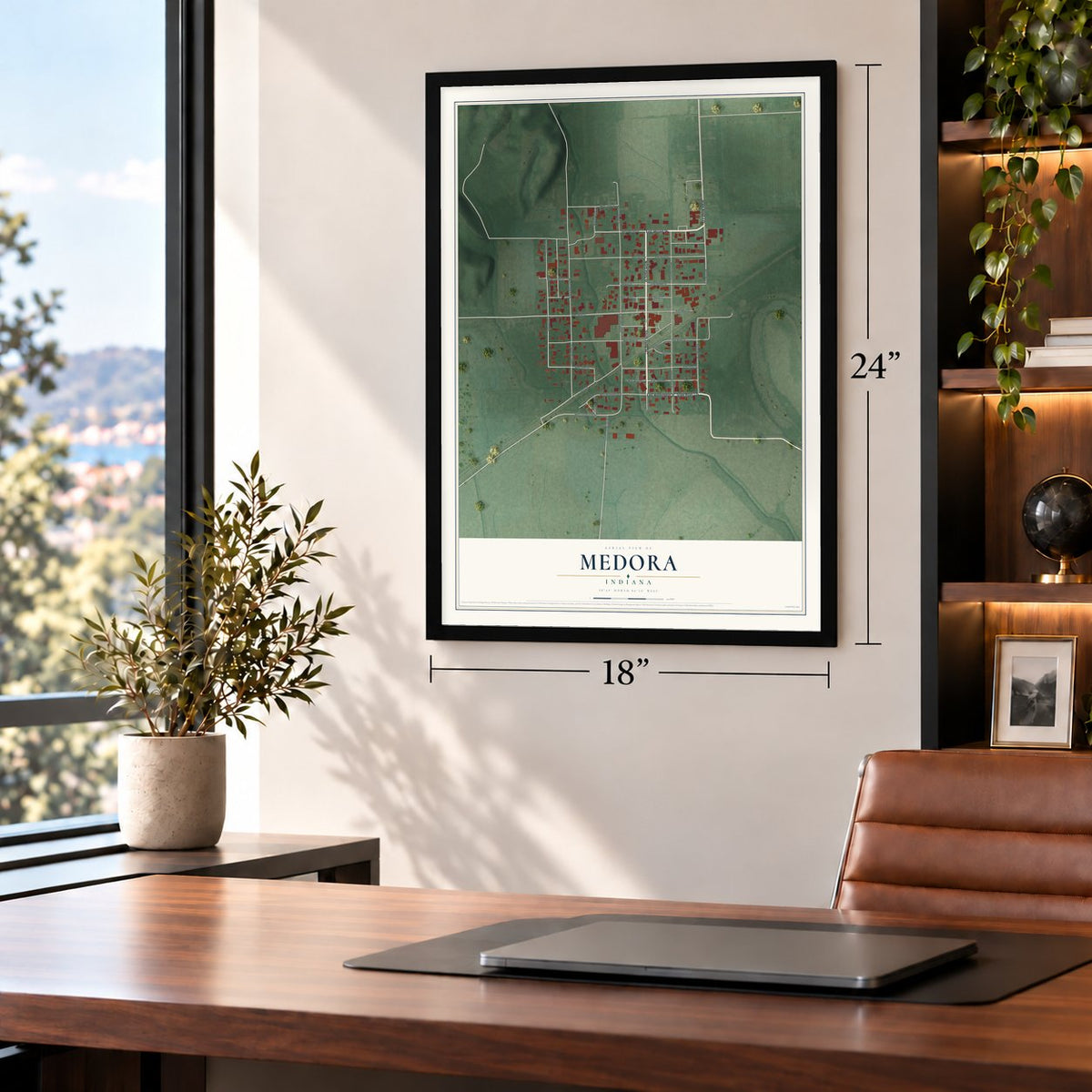 Medora, Indiana map, 18 x 24 inch print in a black frame in a home office