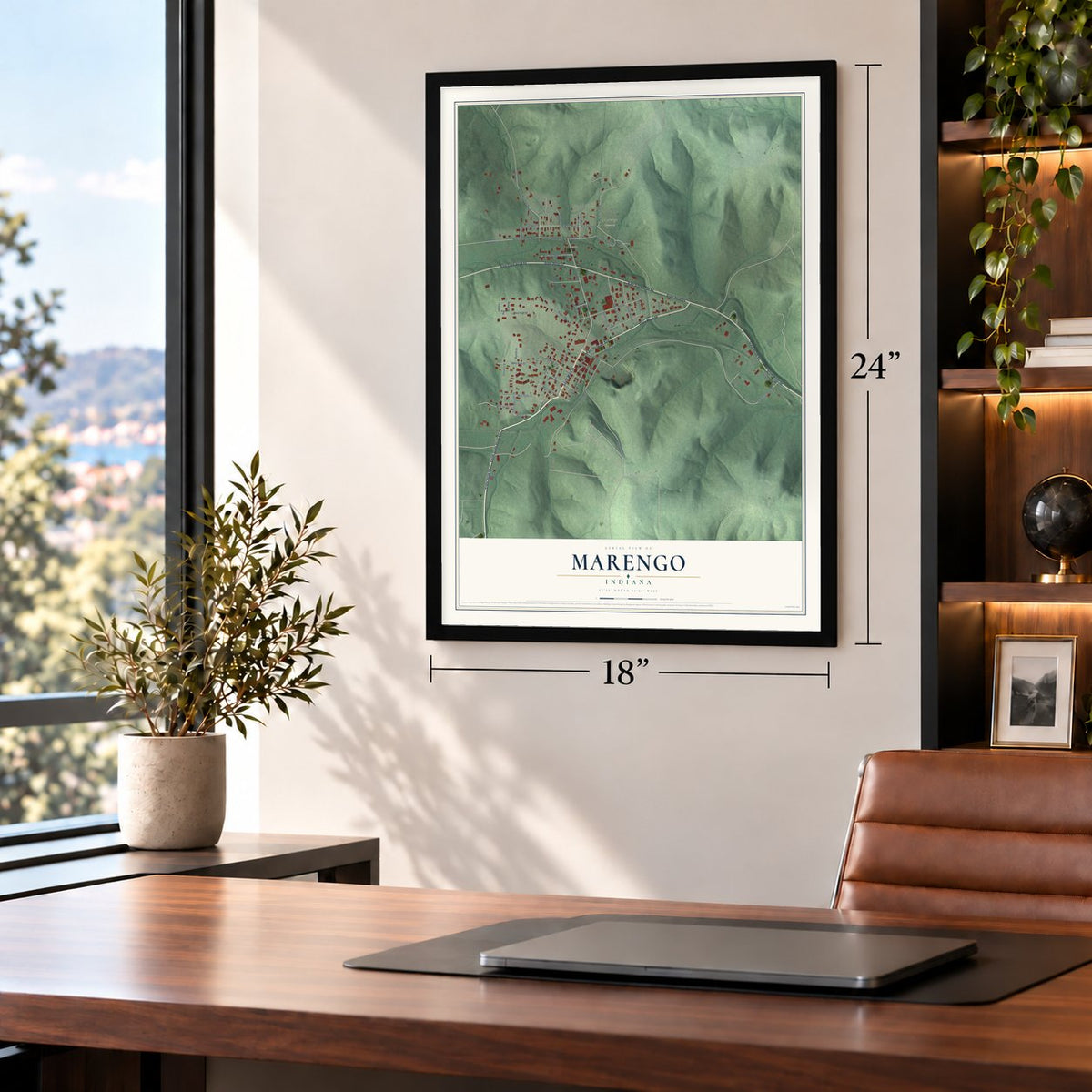 Marengo, Indiana map, 18 x 24 inch print in a black frame in a home office