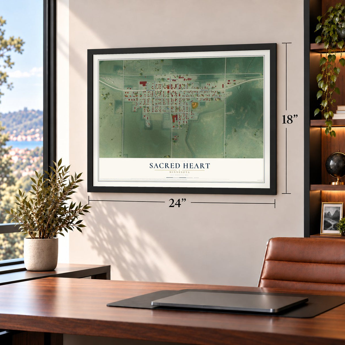 Sacred Heart, Minnesota map, 18 x 24 inch print in a black frame in a home office