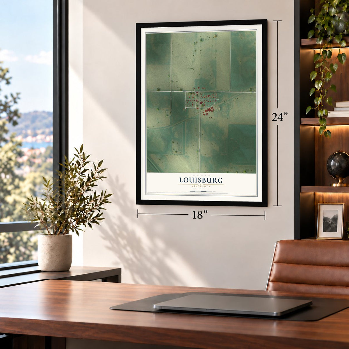 Louisburg, Minnesota map, 18 x 24 inch print in a black frame in a home office