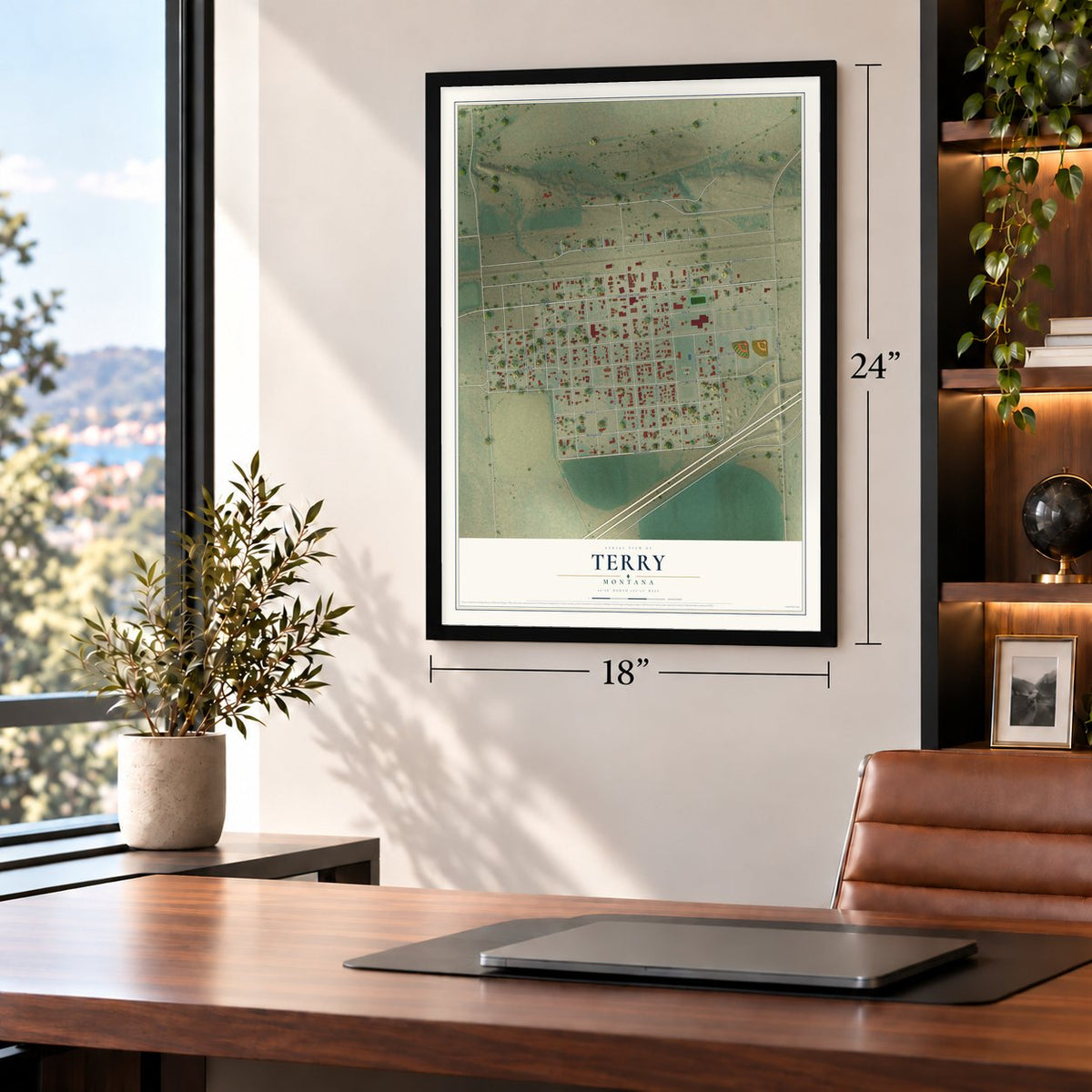 Terry, Montana map, 18 x 24 inch print in a black frame in a home office