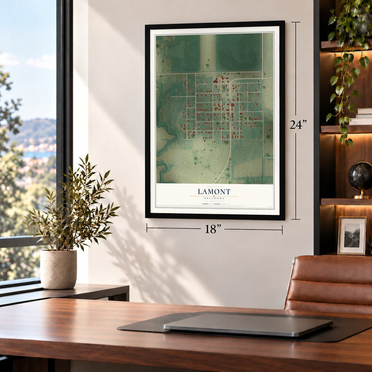 Lamont, Oklahoma map, 18 x 24 inch print in a black frame in a home office