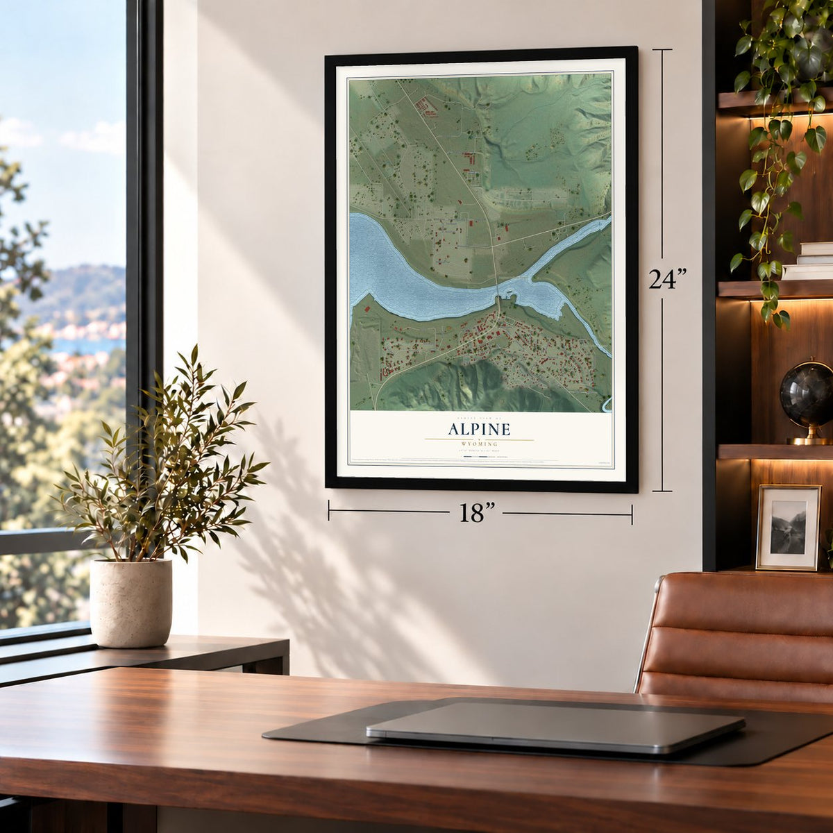 Alpine, Wyoming map, 18 x 24 inch print in a black frame in a home office