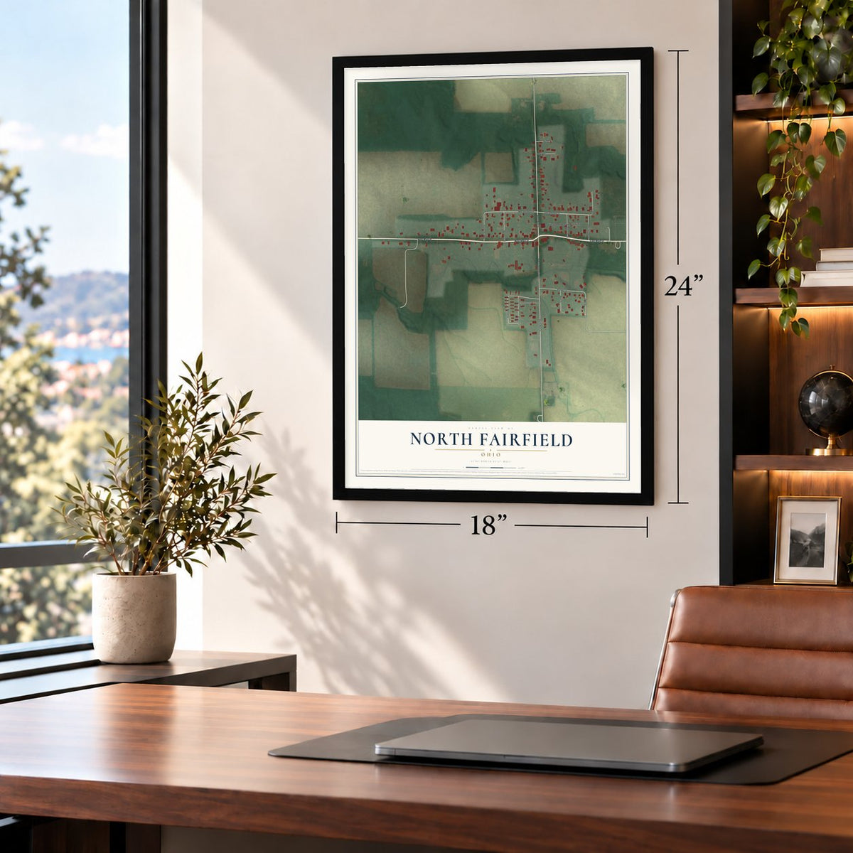 North Fairfield, Ohio map, 18 x 24 inch print in a black frame in a home office
