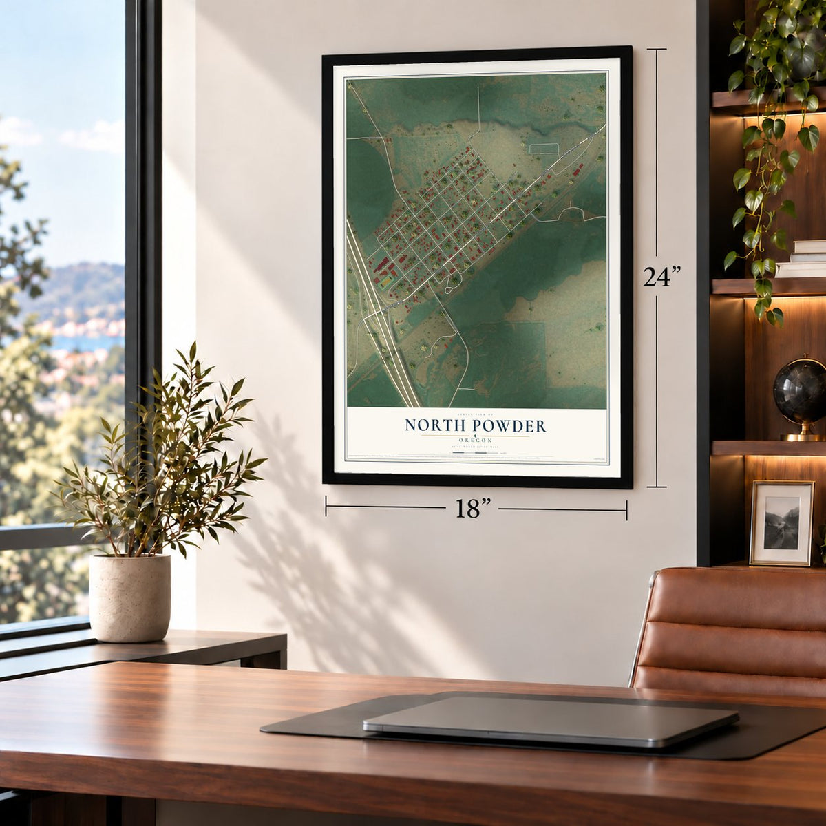 North Powder, Oregon map, 18 x 24 inch print in a black frame in a home office