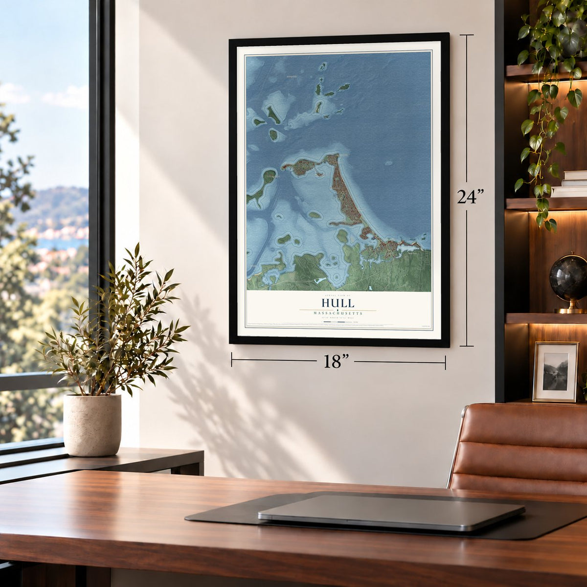 Hull, Massachusetts map, 18 x 24 inch print in a black frame in a home office