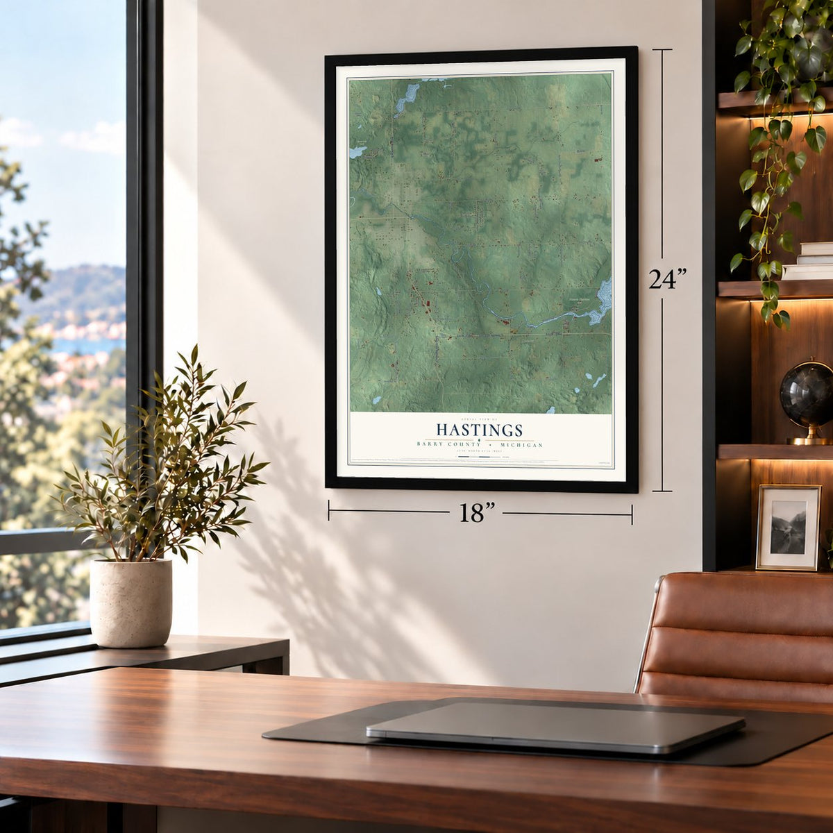 Hastings, Barry County, Michigan map, 18 x 24 inch print in a black frame in a home office