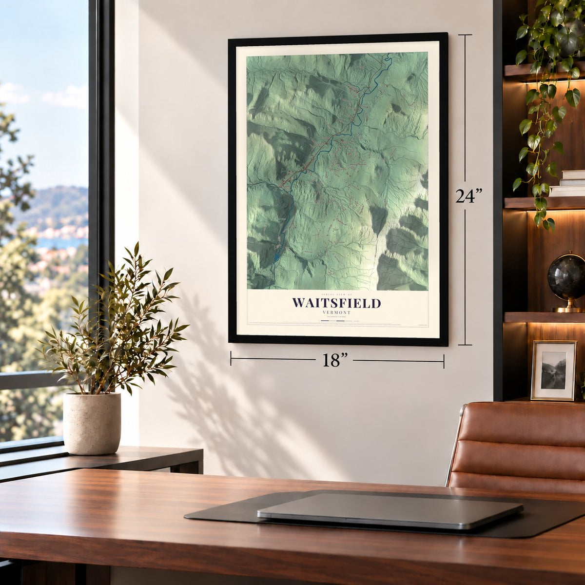 Waitsfield, Vermont map, 18 x 24 inch print in a black frame in a home office