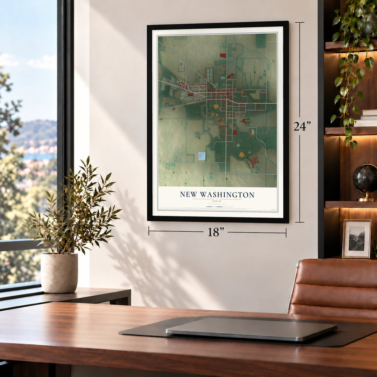 New Washington, Ohio map, 18 x 24 inch print in a black frame in a home office