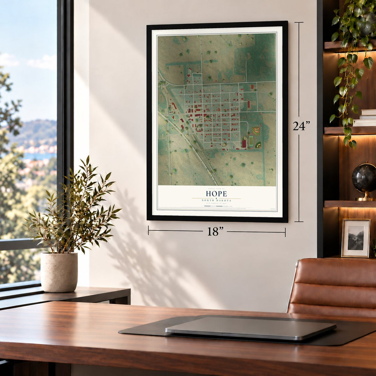 Hope, North Dakota map, 18 x 24 inch print in a black frame in a home office