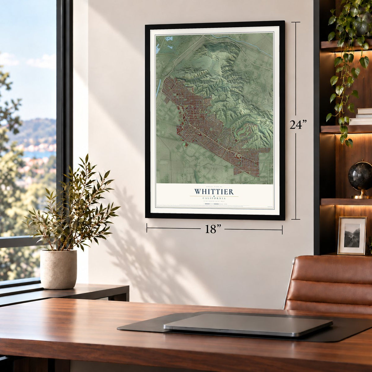 Whittier, California map, 18 x 24 inch print in a black frame in a home office