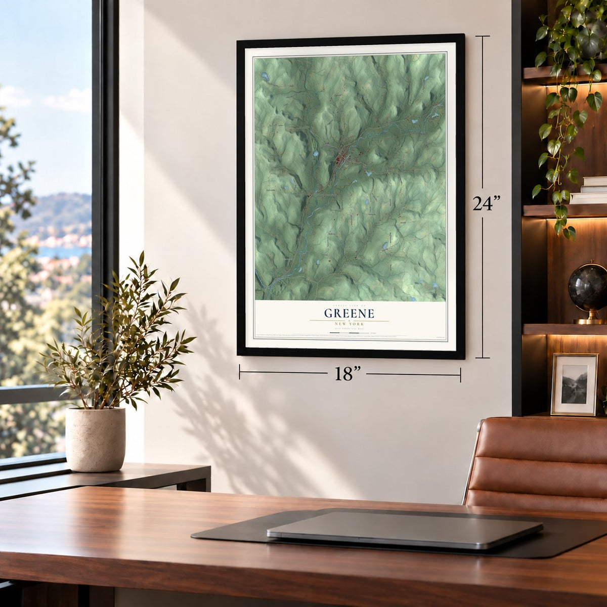 Greene, New York map, 18 x 24 inch print in a black frame in a home office