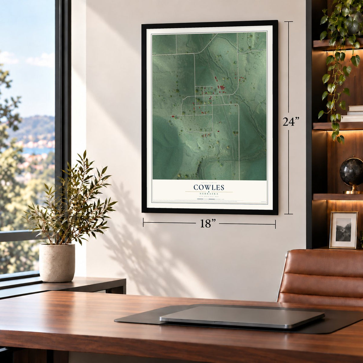 Cowles, Nebraska map, 18 x 24 inch print in a black frame in a home office