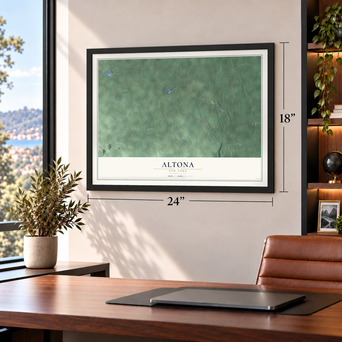 Altona, New York map, 18 x 24 inch print in a black frame in a home office