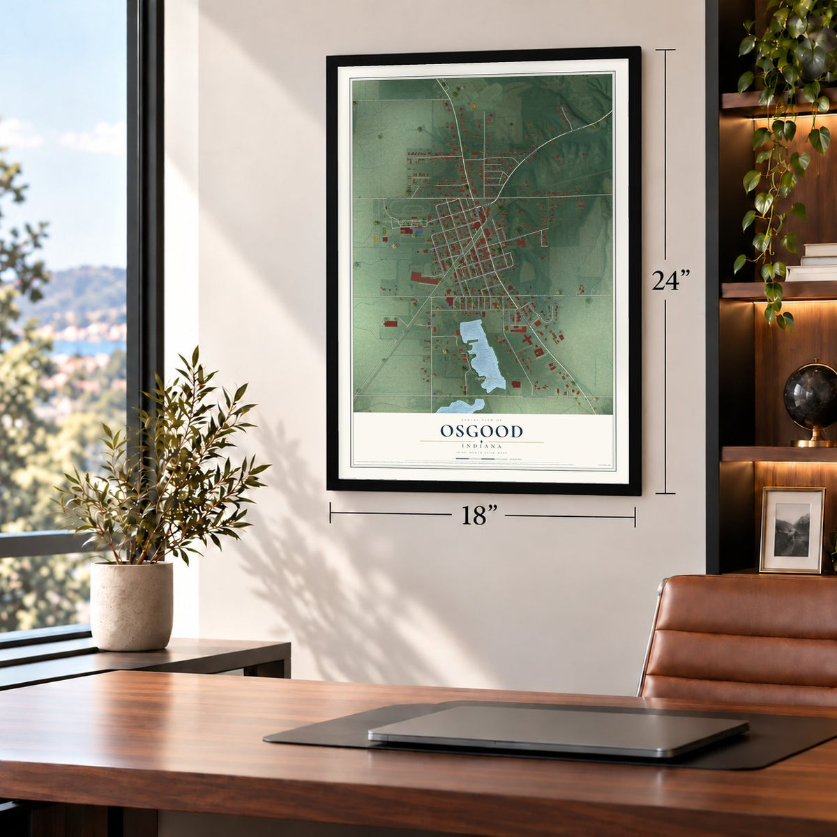 Osgood, Indiana map, 18 x 24 inch print in a black frame in a home office