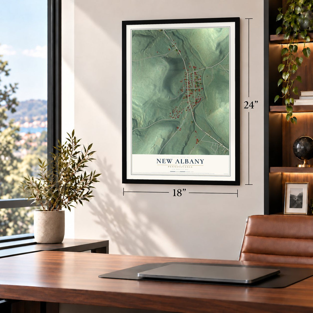 New Albany, Pennsylvania map, 18 x 24 inch print in a black frame in a home office