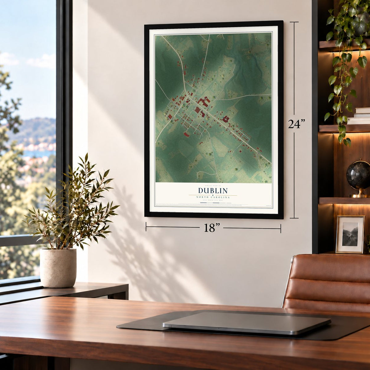 Dublin, North Carolina map, 18 x 24 inch print in a black frame in a home office