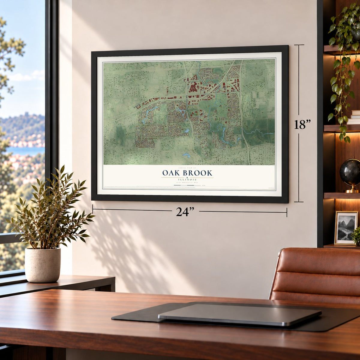 Oak Brook, Illinois map, 18 x 24 inch print in a black frame in a home office