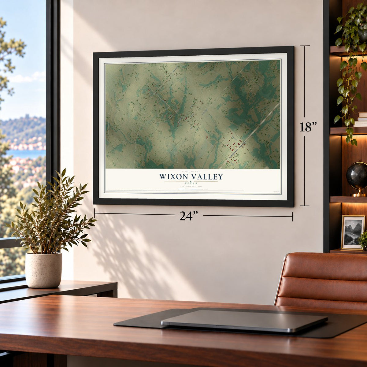 Wixon Valley, Texas map, 18 x 24 inch print in a black frame in a home office
