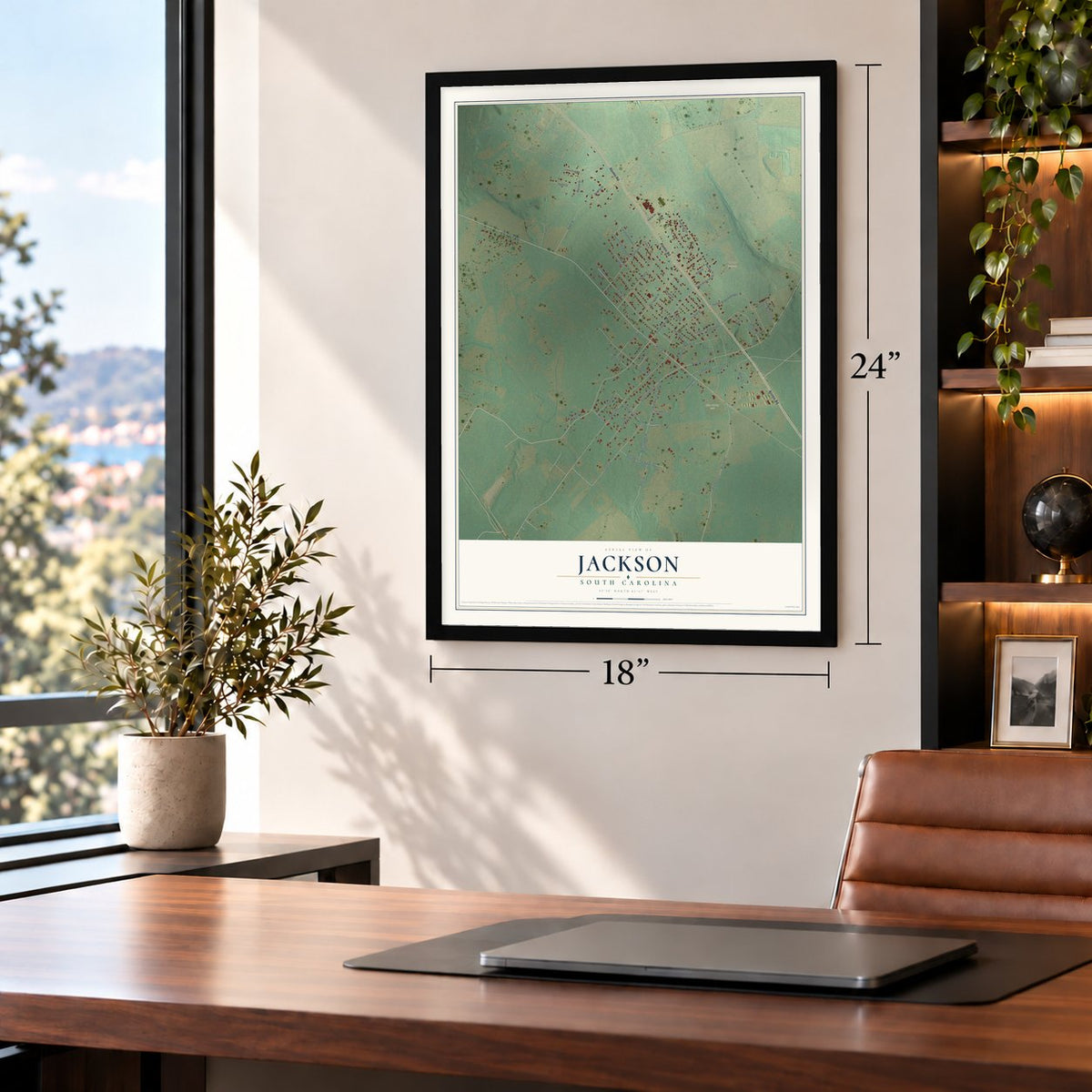 Jackson, South Carolina map, 18 x 24 inch print in a black frame in a home office