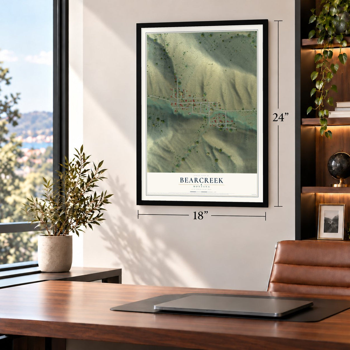 Bearcreek, Montana map, 18 x 24 inch print in a black frame in a home office