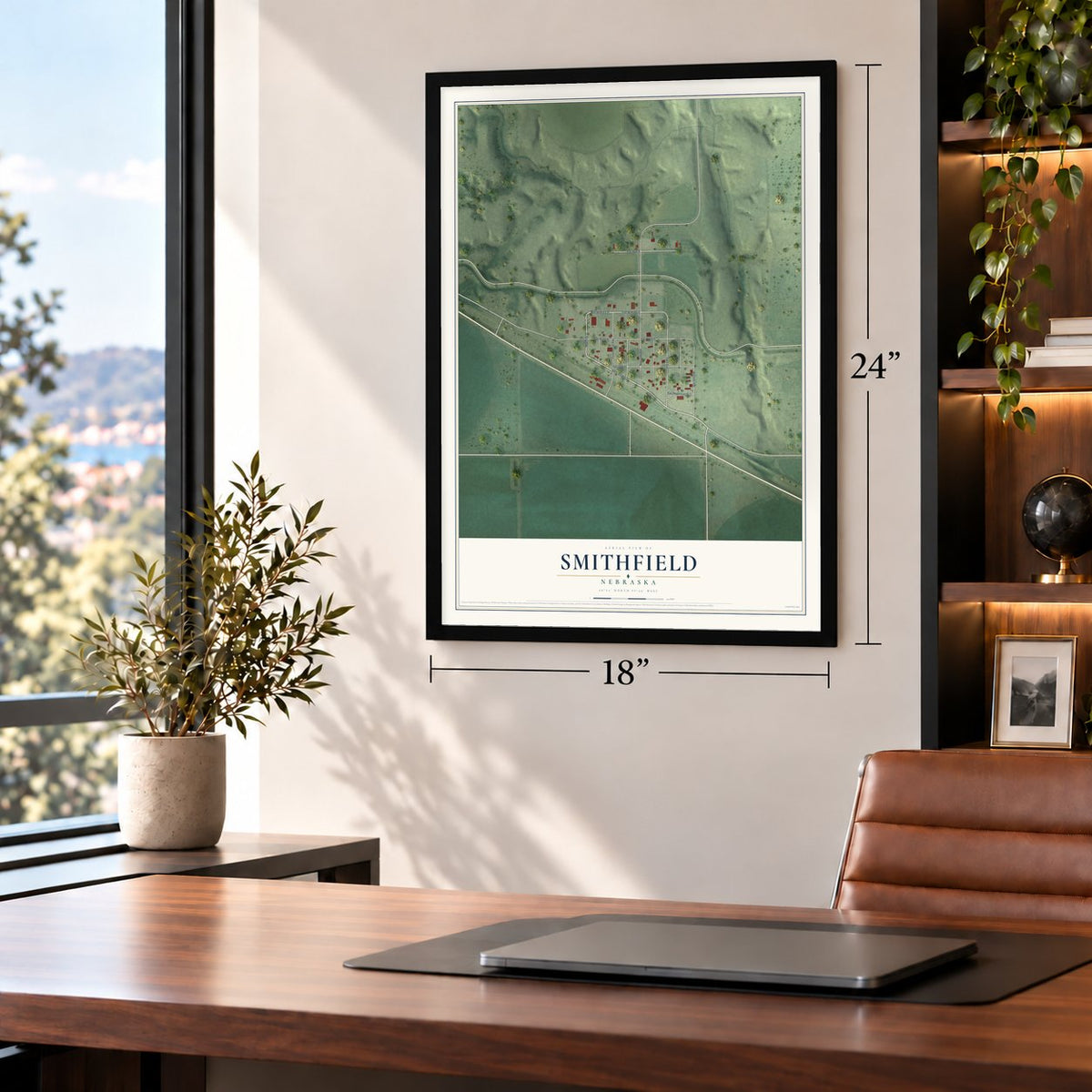 Smithfield, Nebraska map, 18 x 24 inch print in a black frame in a home office