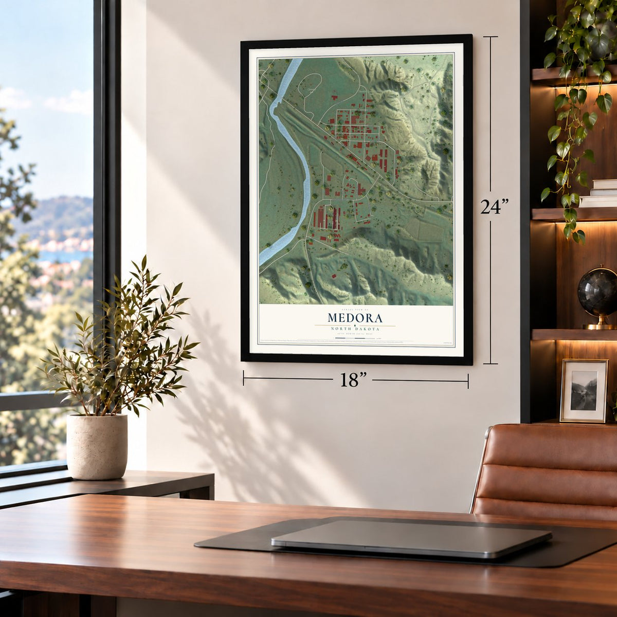 Medora, North Dakota map, 18 x 24 inch print in a black frame in a home office