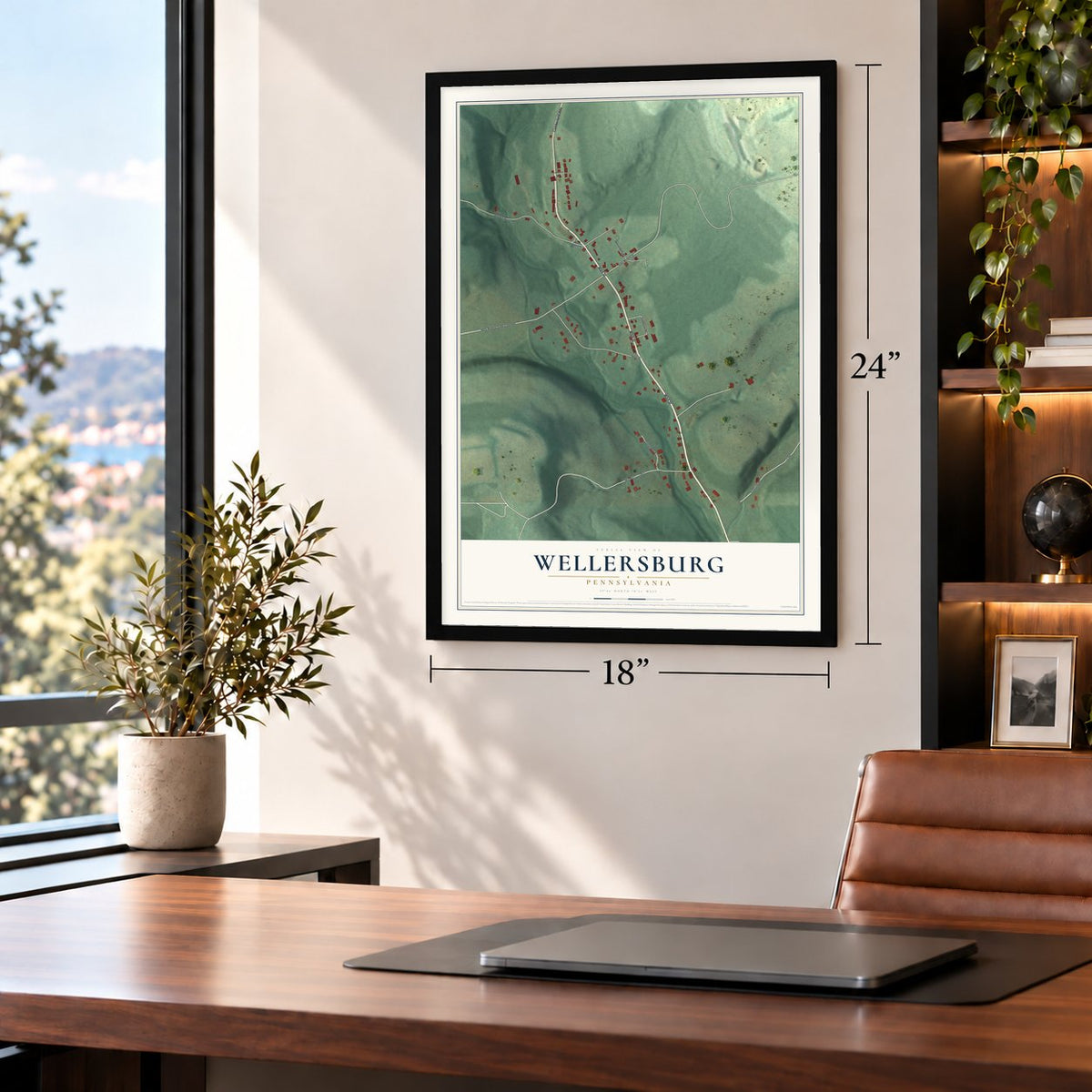Wellersburg, Pennsylvania map, 18 x 24 inch print in a black frame in a home office