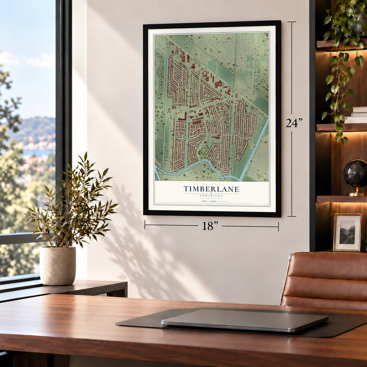 Timberlane, Louisiana map, 18 x 24 inch print in a black frame in a home office
