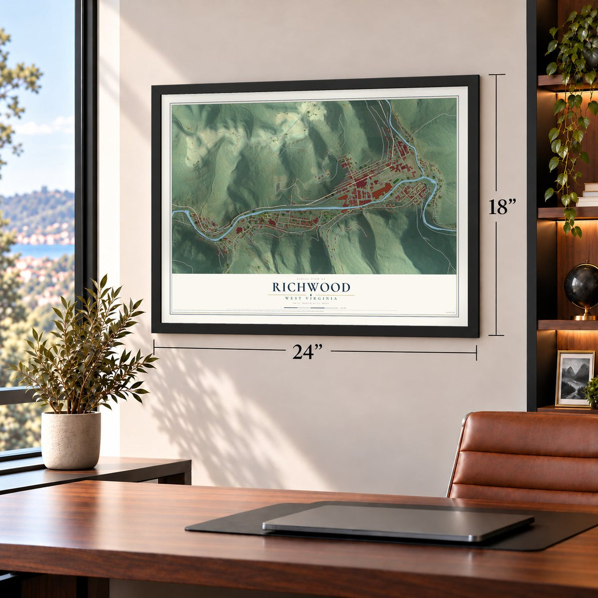 Richwood, West Virginia map, 18 x 24 inch print in a black frame in a home office