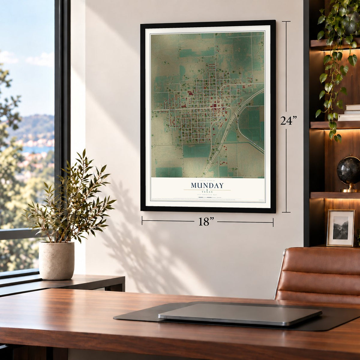 Munday, Texas map, 18 x 24 inch print in a black frame in a home office