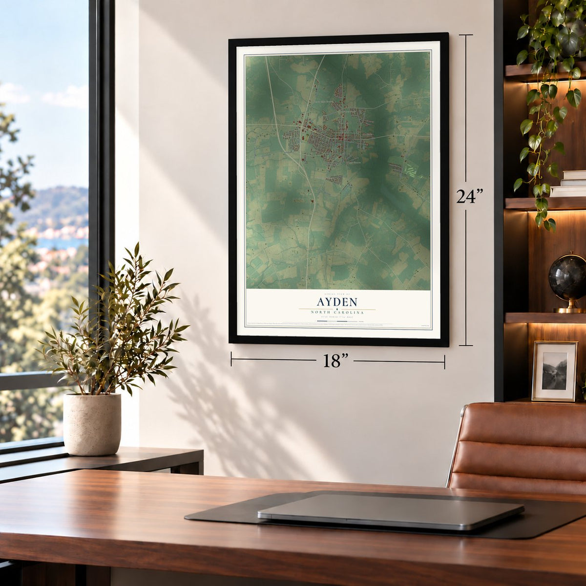 Ayden, North Carolina map, 18 x 24 inch print in a black frame in a home office