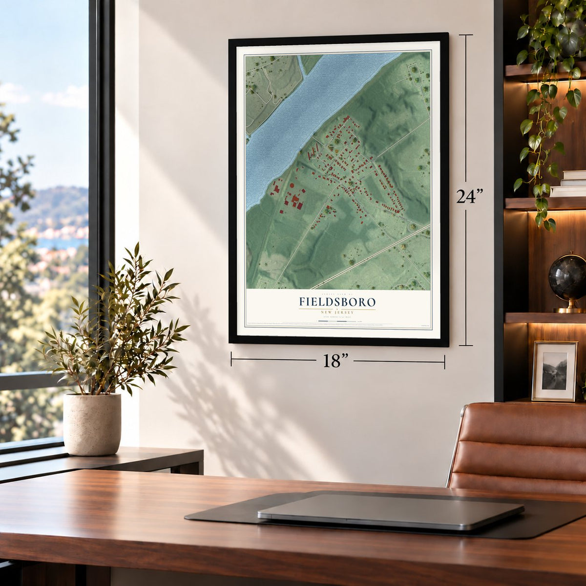 Fieldsboro, New Jersey map, 18 x 24 inch print in a black frame in a home office