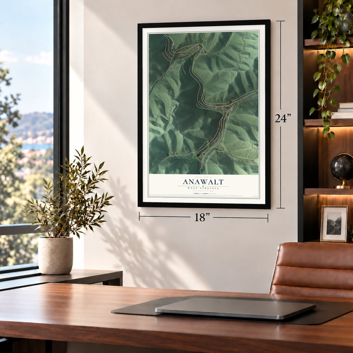 Anawalt, West Virginia map, 18 x 24 inch print in a black frame in a home office