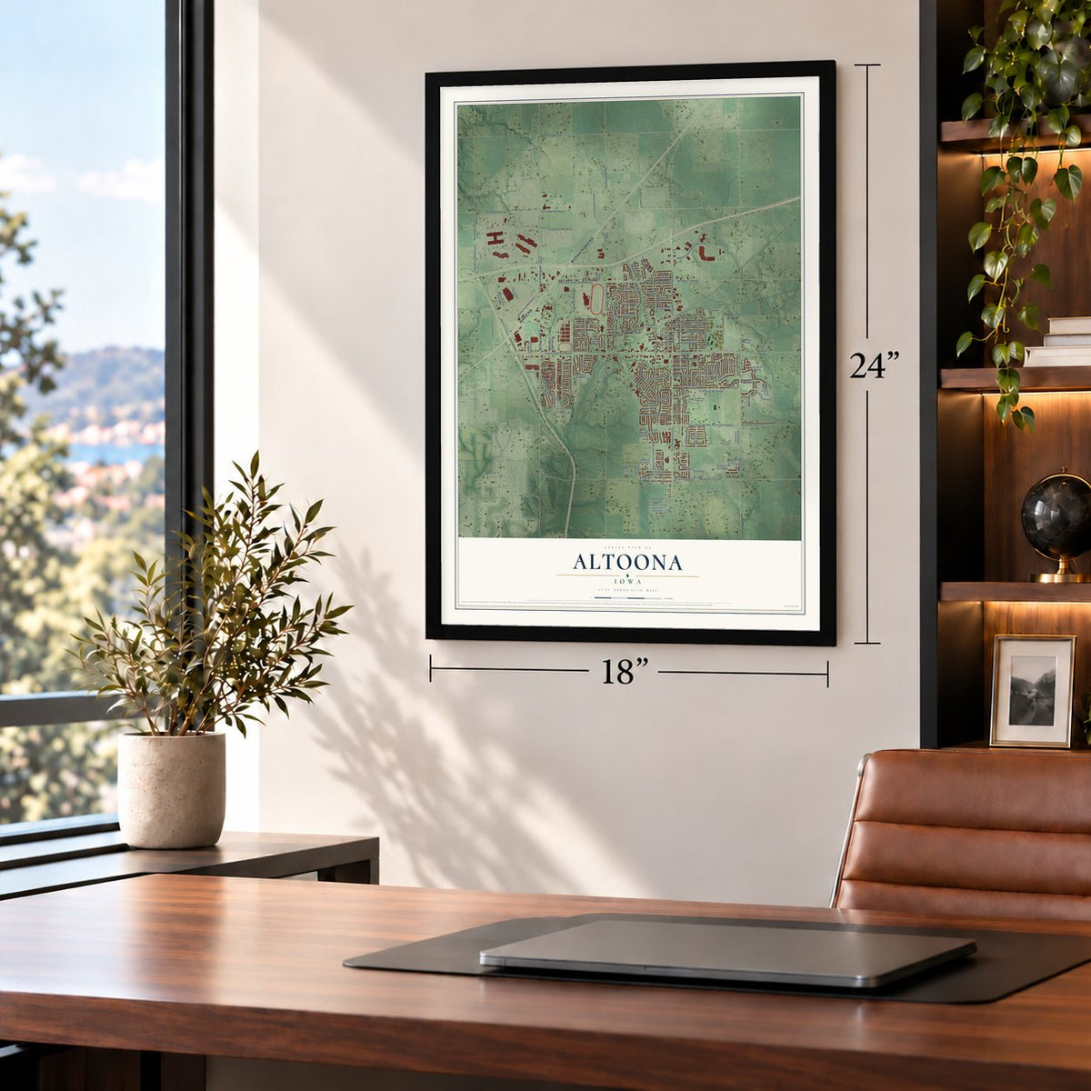 Altoona, Iowa map, 18 x 24 inch print in a black frame in a home office