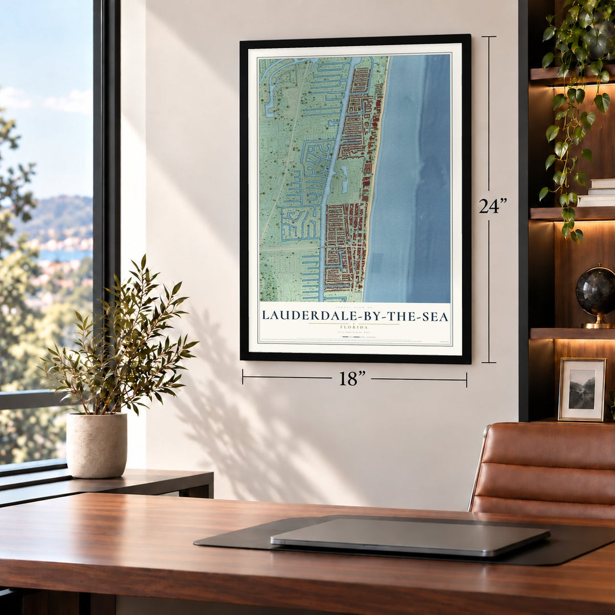 Lauderdale-by-the-Sea, Florida map, 18 x 24 inch print in a black frame in a home office