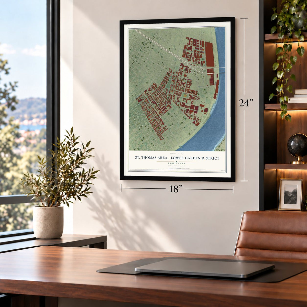 St. Thomas Area - Lower Garden District, Louisiana map, 18 x 24 inch print in a black frame in a home office