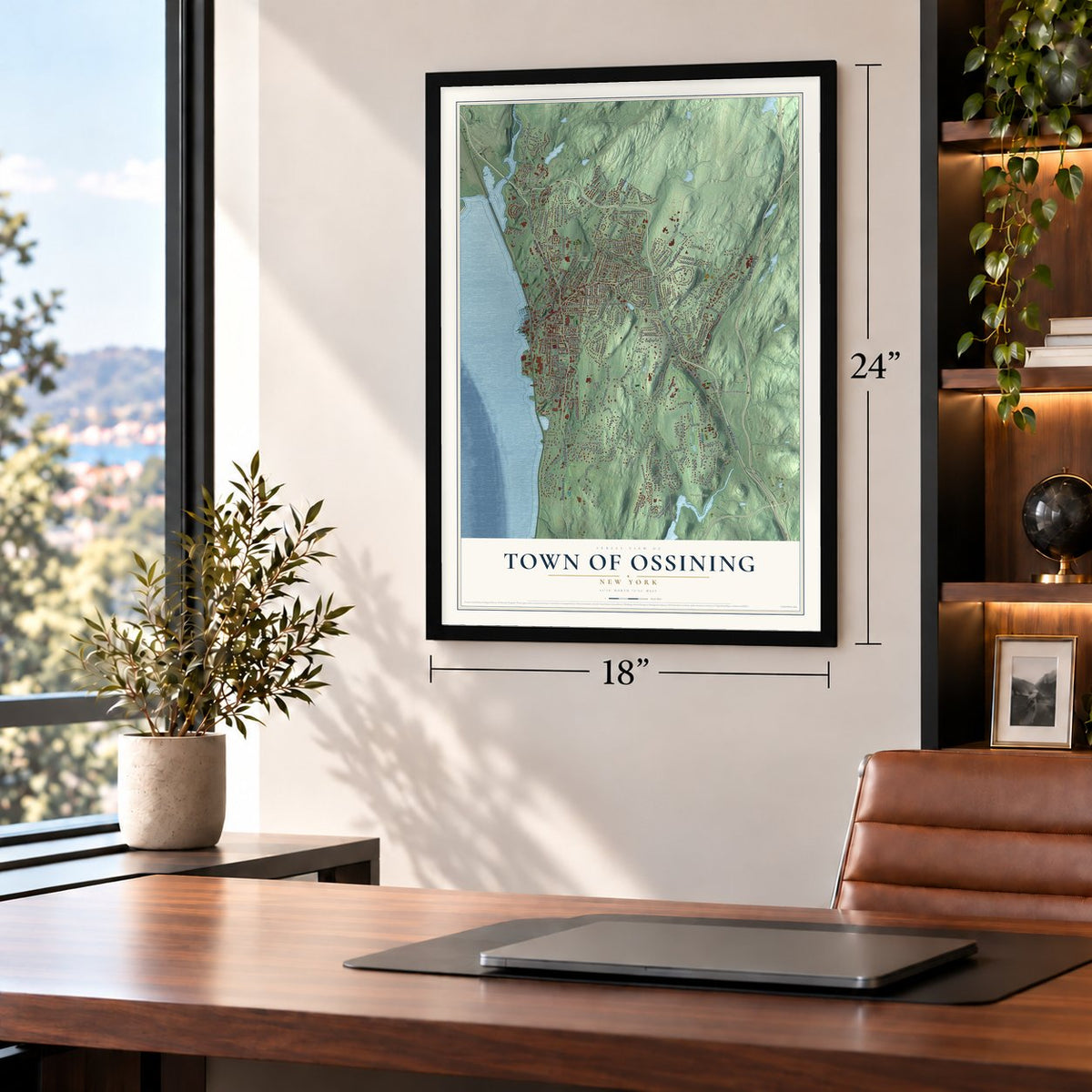 Town of Ossining, New York map, 18 x 24 inch print in a black frame in a home office