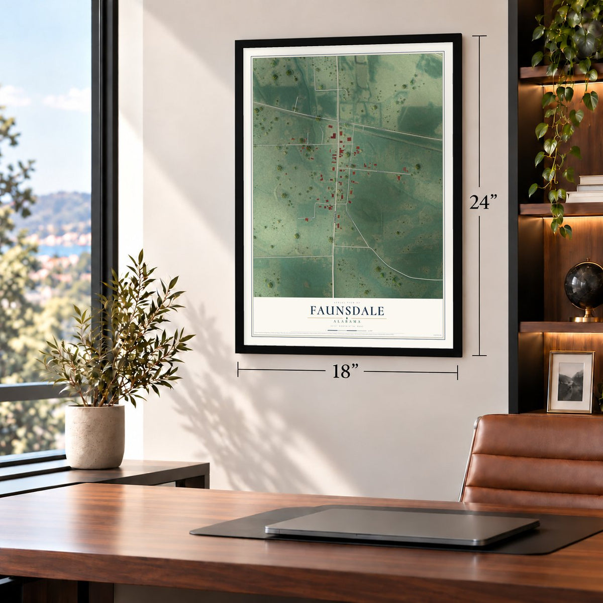Faunsdale, Alabama map, 18 x 24 inch print in a black frame in a home office