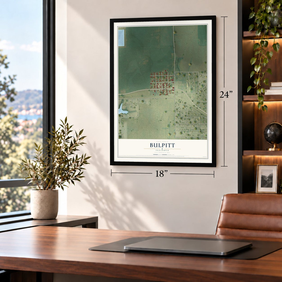 Bulpitt, Illinois map, 18 x 24 inch print in a black frame in a home office
