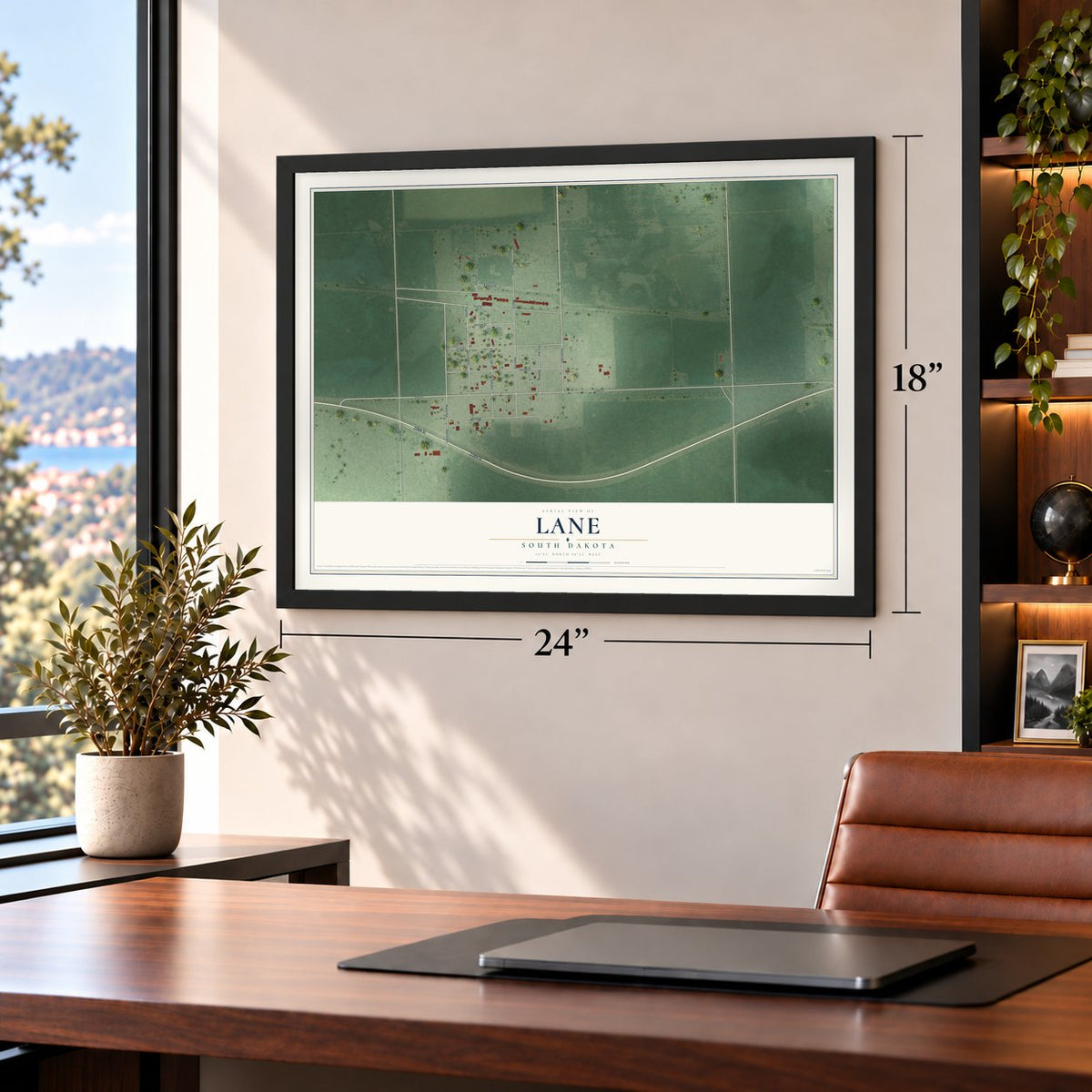 Lane, South Dakota map, 18 x 24 inch print in a black frame in a home office