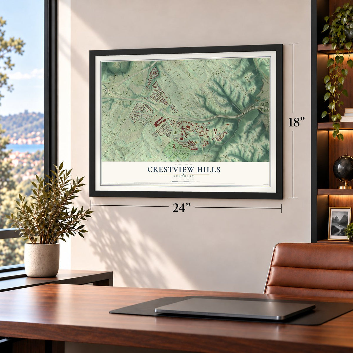 Crestview Hills, Kentucky map, 18 x 24 inch print in a black frame in a home office