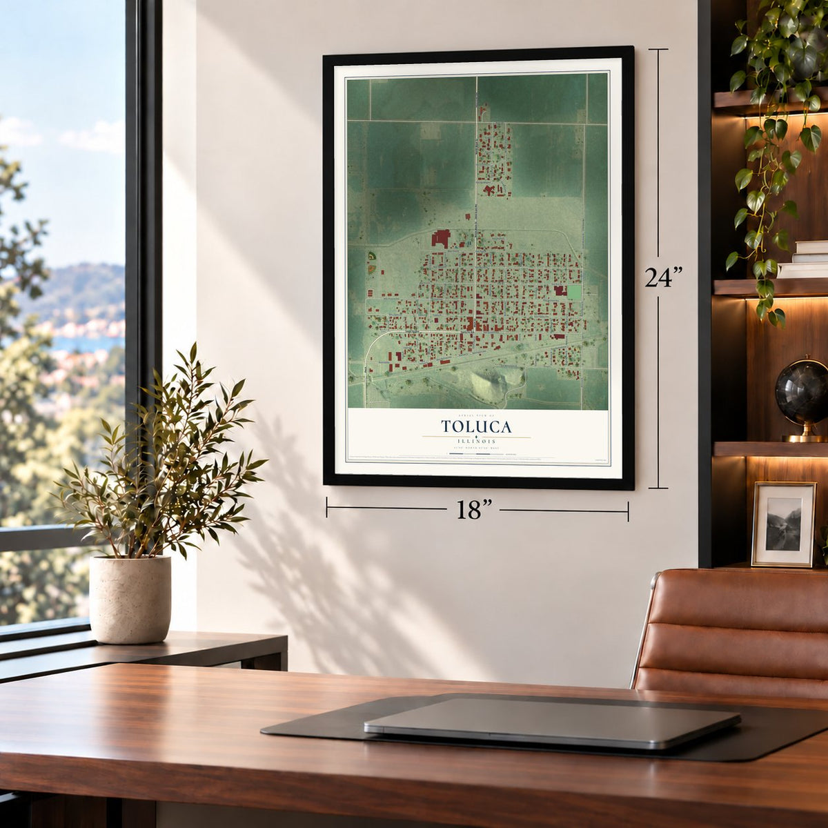 Toluca, Illinois map, 18 x 24 inch print in a black frame in a home office